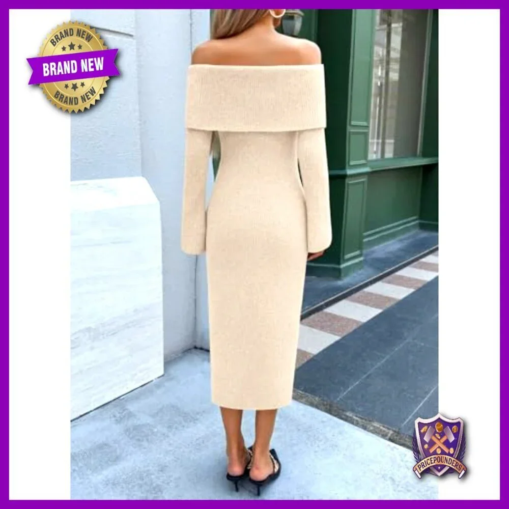 Off Shoulder Maxi Sweater Dress Long Sleeve Bodycon Ribbed Knit Elegant - Picture 5 of 7
